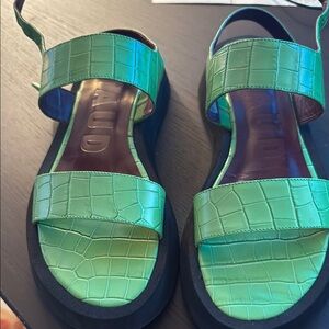 STAUD Green Croc-Embossed Sandals